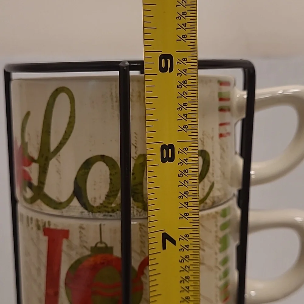 Pier 1 4 Stackable Stoneware Coffee Christmas Mugs w/Rack Love Joy Peace Noel